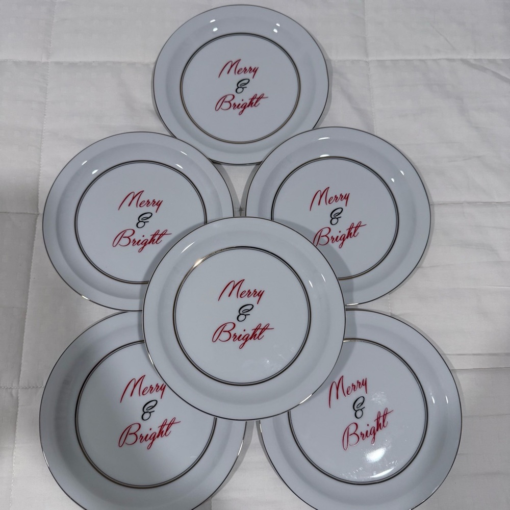Pottery Barn Platinum Trim Merry & Bright Christmas Plates 6 pc